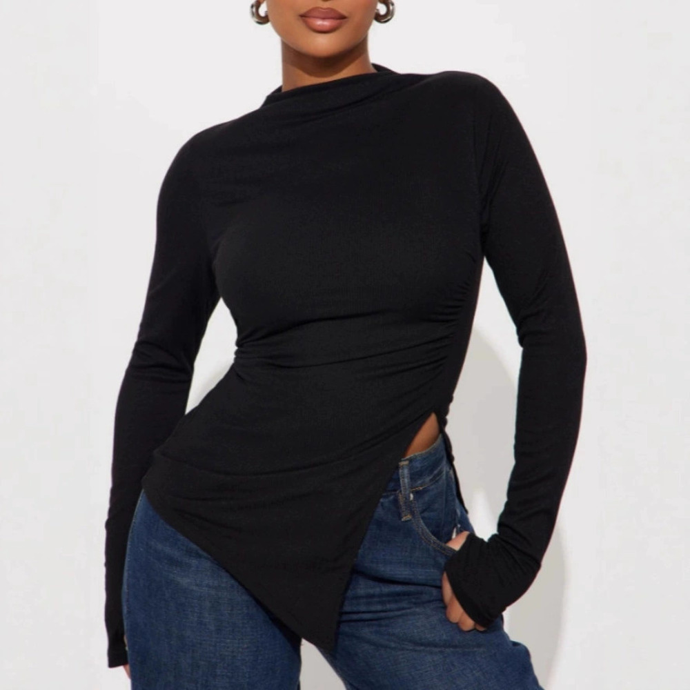 Forever 21 Autumn Solid Irregular Slit Long-Sleeve Half Turtleneck Slim-Fit Top